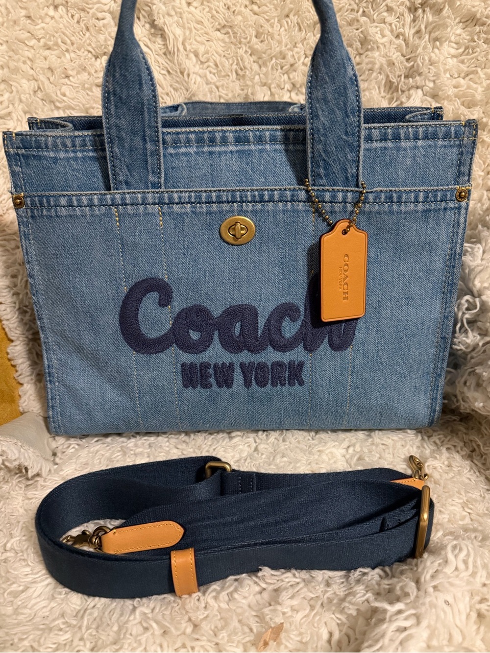 Coach Denim Cargo Tote with Navy Logo and Tan Tag